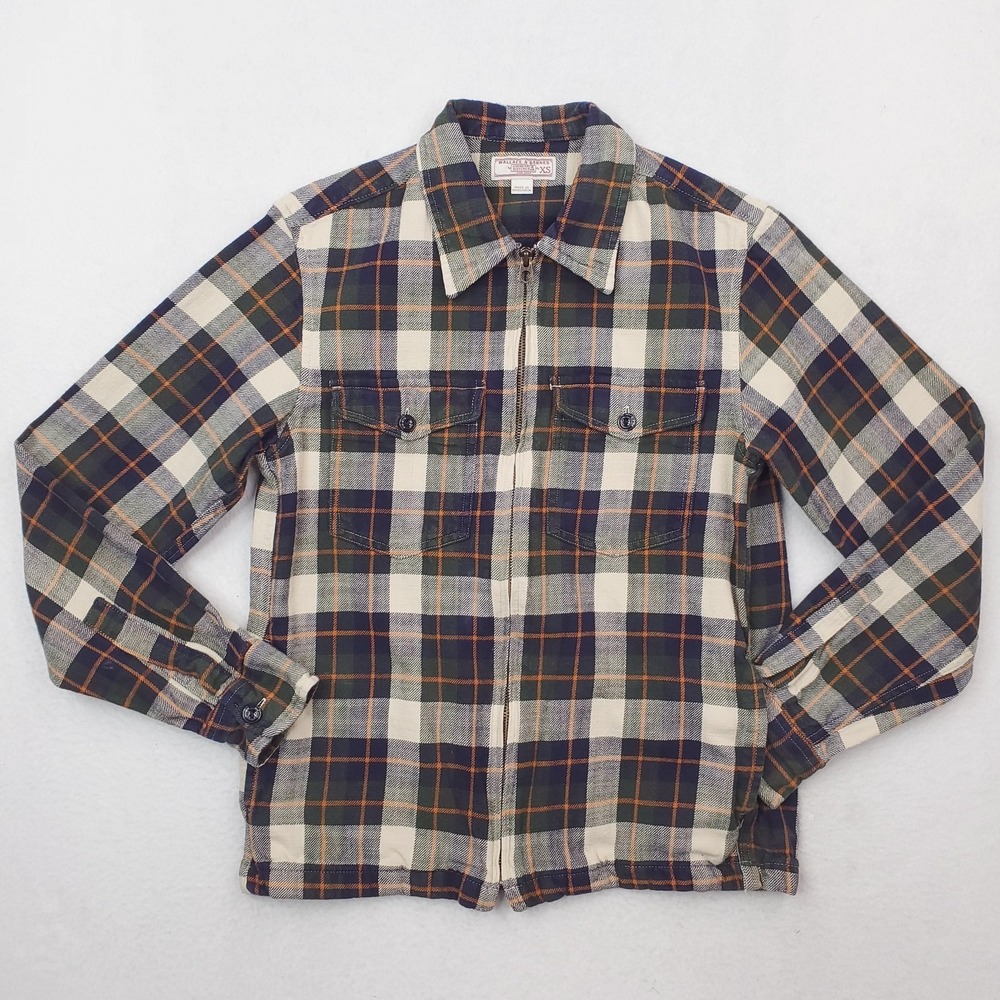 Wallace & Barnes Jacket Mens Extra Small Blue Green Plaid Flannel Cotton Zip Up